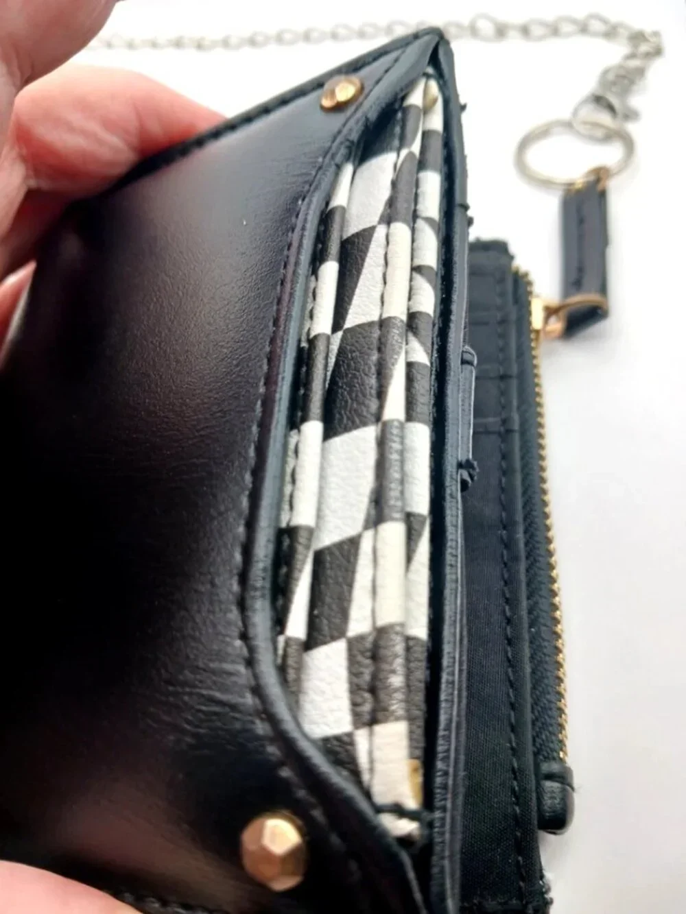 Black + White Skater Checkered Wallet with Removable Card Holder + Chain